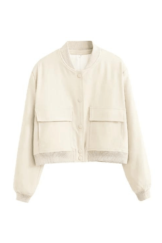 Women's Cropped Casual Bomber Jacket for Fall and Winter Everyday Wear Beige