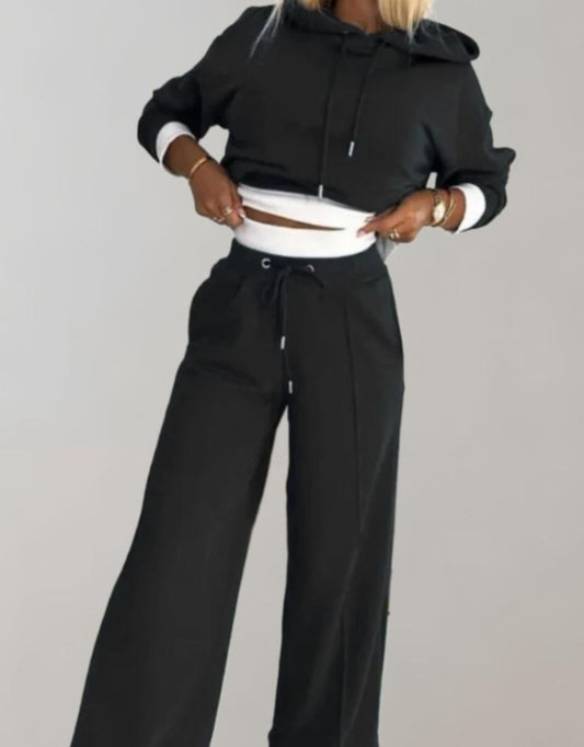 Women's Cropped Hoodie and Wide-Leg Drawstring Pants Set Black