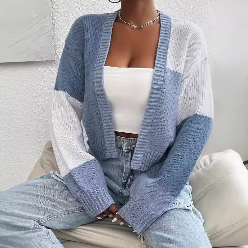 Women's Multi-Color Cropped Knit Cardigan for Fall and Winter Sky Blue