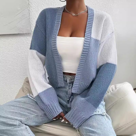 Women's Multi-Color Cropped Knit Cardigan for Fall and Winter Sky Blue