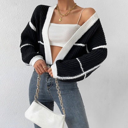 Women's Black Cropped Knit Cardigan for Fall and Winter Everyday Wear Black