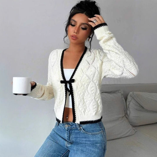 Women's Multi-Color Ribbed Cropped Knit Cardigan for Fall and Winter