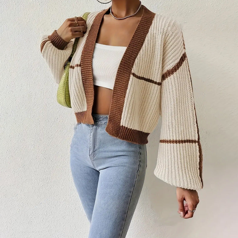Women's Black Cropped Knit Cardigan for Fall and Winter Everyday Wear Khaki