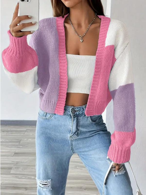 Women's Multi-Color Cropped Knit Cardigan for Fall and Winter Pink