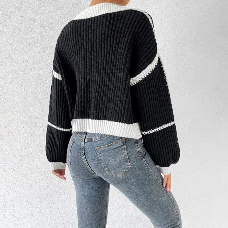 Women's Black Cropped Knit Cardigan for Fall and Winter Everyday Wear