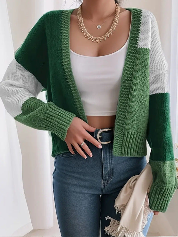 Women's Multi-Color Cropped Knit Cardigan for Fall and Winter Green