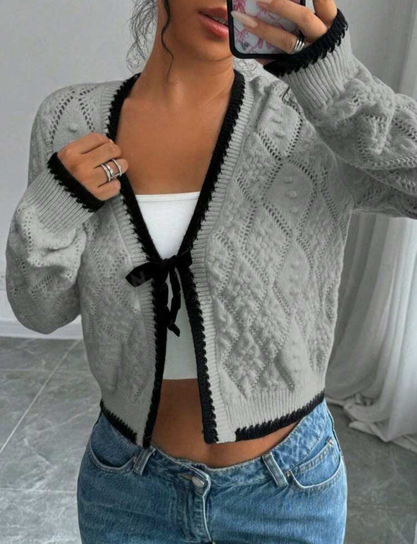 Women's Multi-Color Ribbed Cropped Knit Cardigan for Fall and Winter Gray