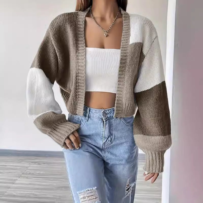 Women's Multi-Color Cropped Knit Cardigan for Fall and Winter Khaki