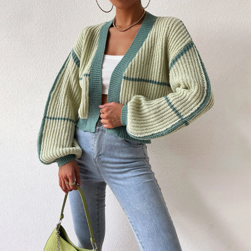 Women's Black Cropped Knit Cardigan for Fall and Winter Everyday Wear Light Green