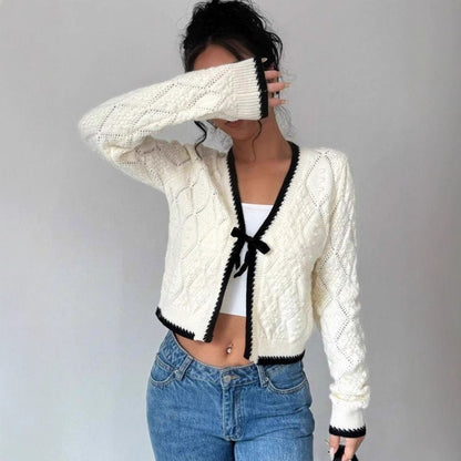 Women's Multi-Color Ribbed Cropped Knit Cardigan for Fall and Winter White