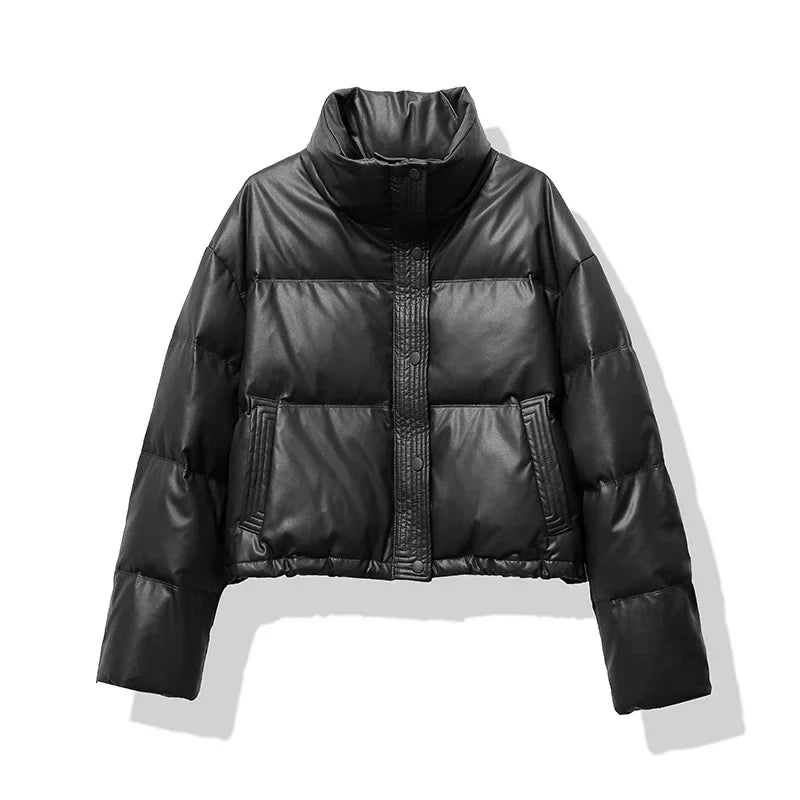 Women's Cropped Puffer Jacket with Button front for easy wear Black