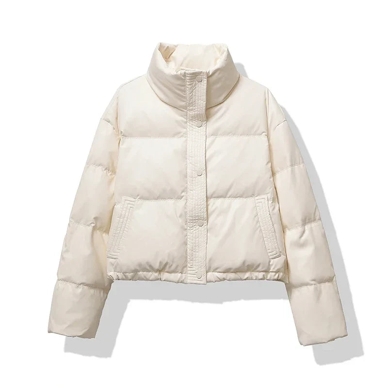 Women's Cropped Puffer Jacket with Button front for easy wear Beige