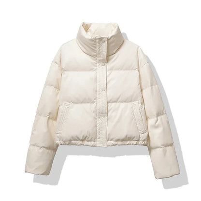 Women's Cropped Puffer Jacket with Button front for easy wear Beige