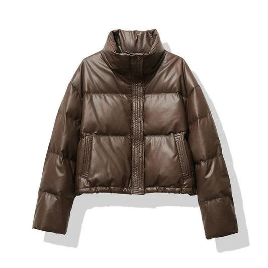 Women's Cropped Puffer Jacket with Button front for easy wear Brown