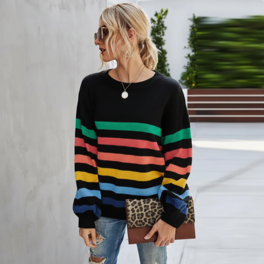 Women's Cropped Striped Knit Sweater for Fall and Winter Everyday Wear Black