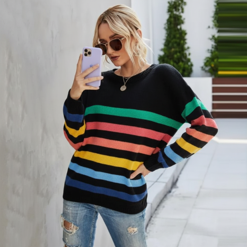 Women's Cropped Striped Knit Sweater for Fall and Winter Everyday Wear
