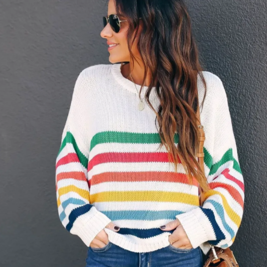 Women's Cropped Striped Knit Sweater for Fall and Winter Everyday Wear Apricot