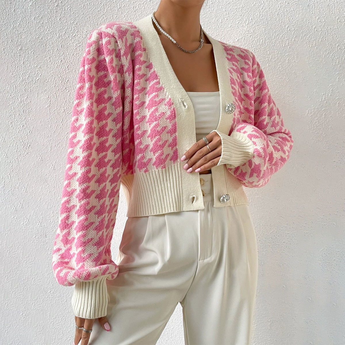 Women's Cropped V-Neck Cardigan with Button Front for Daily Use Pink
