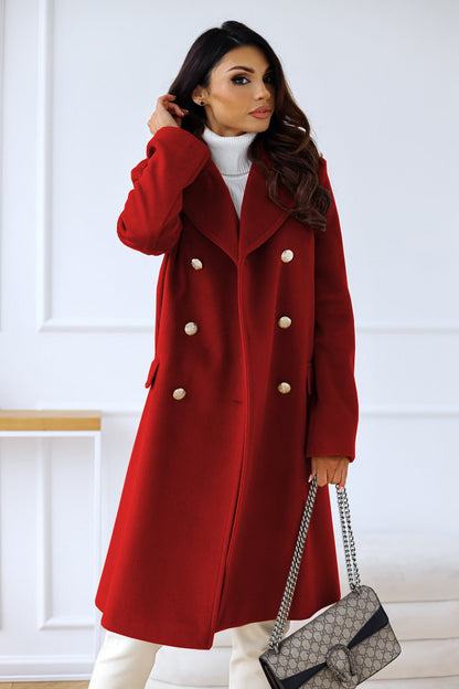 Women's Brown Double-Breasted Long Coat for Fall and Winter Red