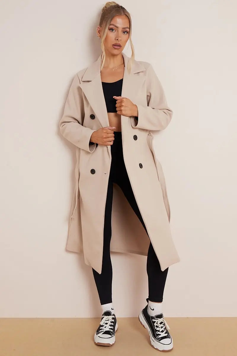 Women's Beige Double Breasted Long Coat for Fall and Winter
