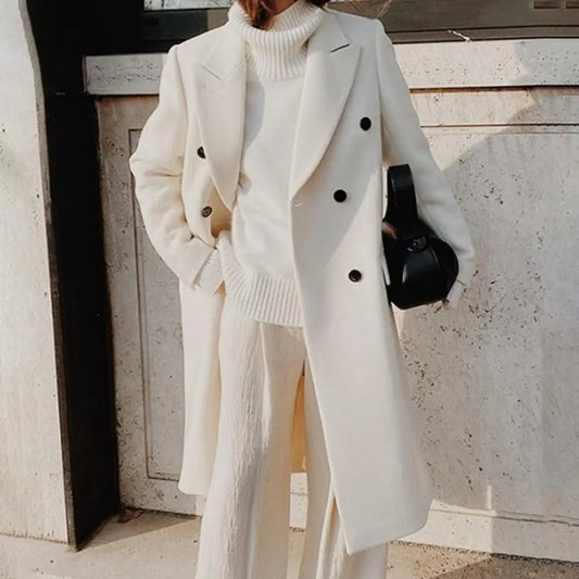 Women's Khaki Double-Breasted Long Coat for Fall and Winter White