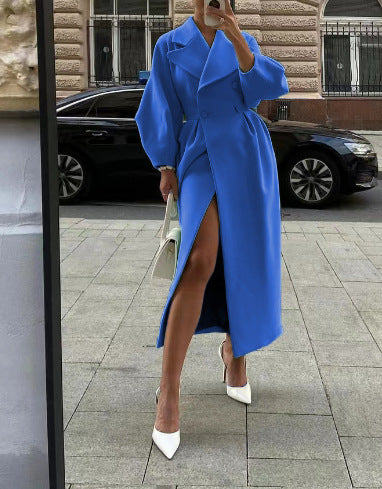 Women's Green Double-Breasted Long Coat for Fall and Winter Blue