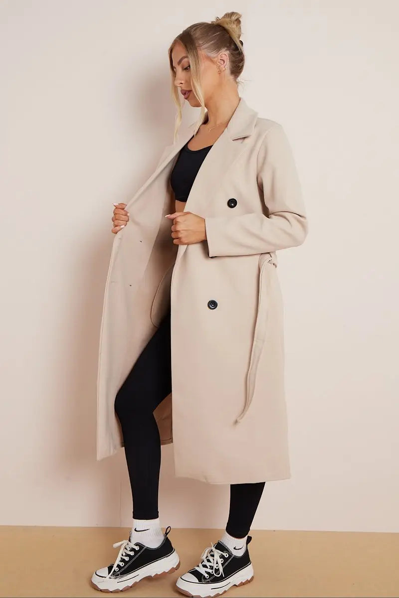 Women's Beige Double Breasted Long Coat for Fall and Winter