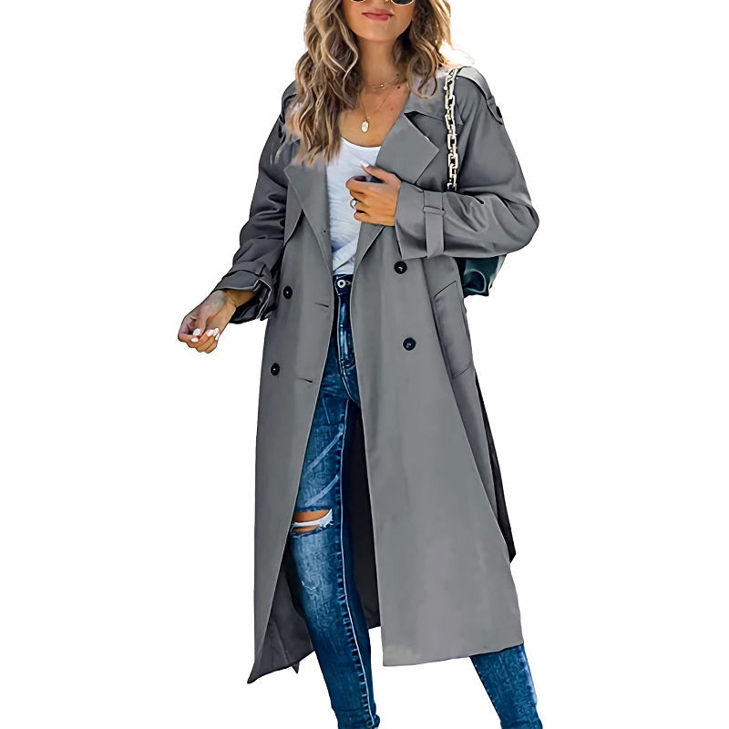 Women's Light Blue Double Breasted Long Coat for Fall and Winter Gray
