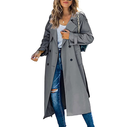 Women's Light Blue Double Breasted Long Coat for Fall and Winter Gray