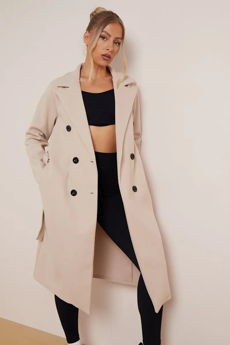 Women's Beige Double Breasted Long Coat for Fall and Winter
