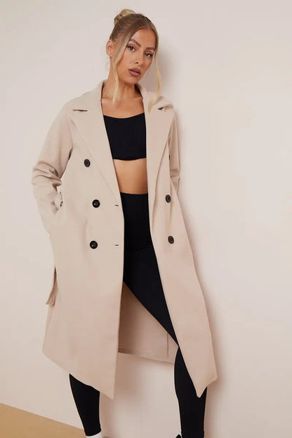 Women's Beige Double Breasted Long Coat for Fall and Winter