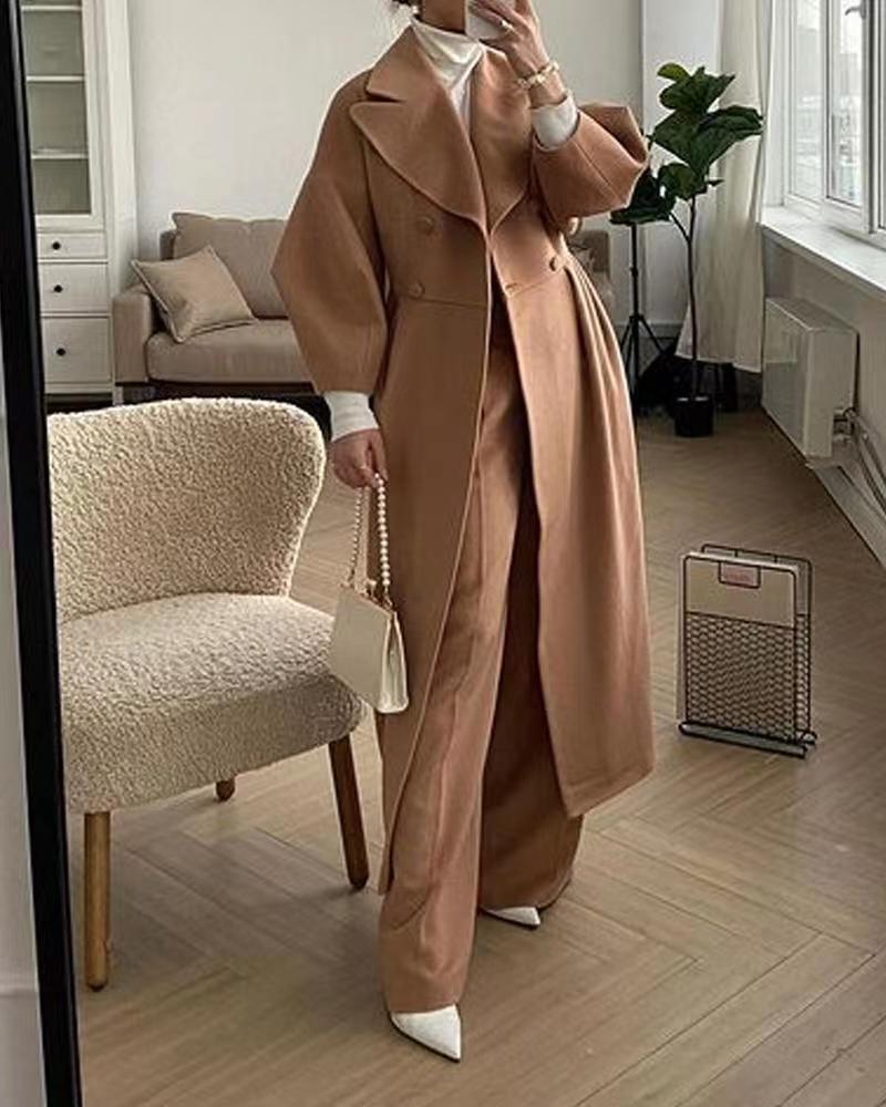 Women's Green Double-Breasted Long Coat for Fall and Winter Brown