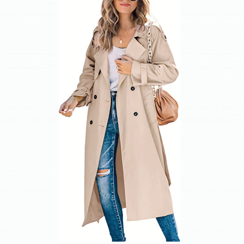 Women's Light Blue Double Breasted Long Coat for Fall and Winter Khaki