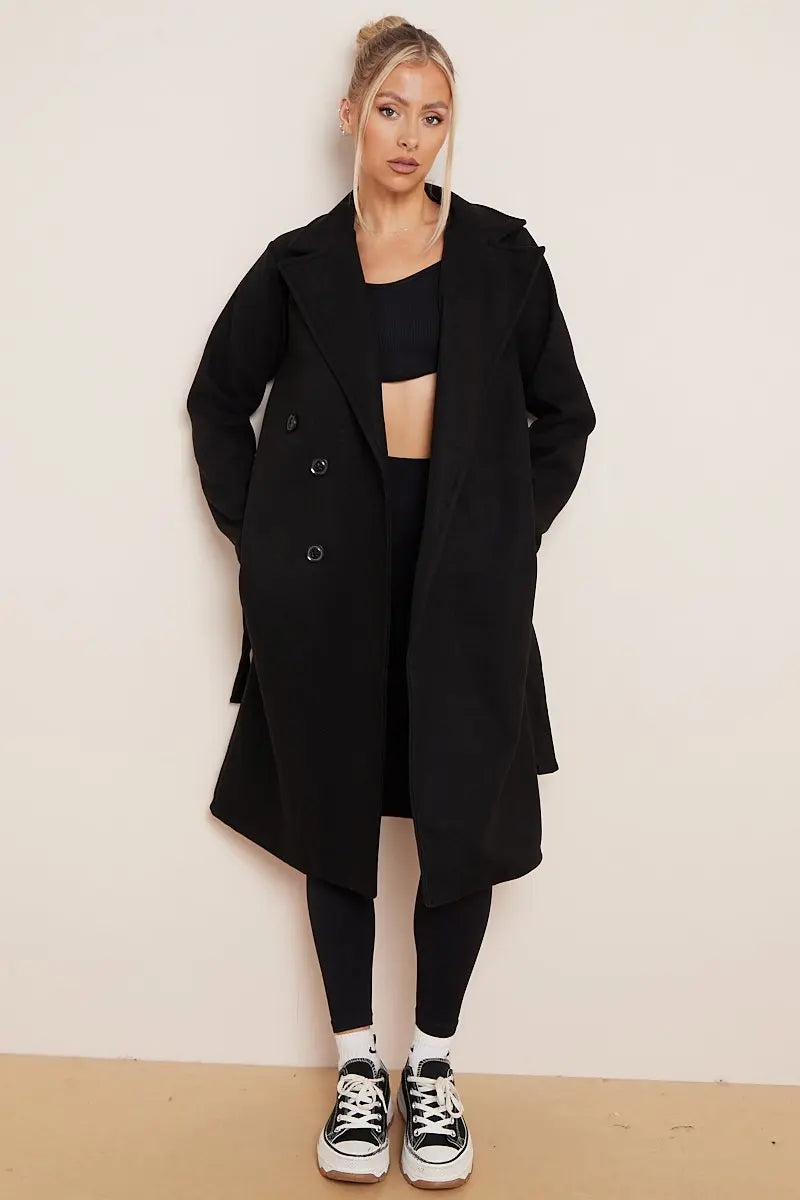 Women's Beige Double Breasted Long Coat for Fall and Winter Black