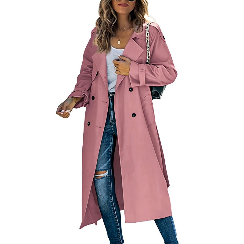 Women's Light Blue Double Breasted Long Coat for Fall and Winter Pink