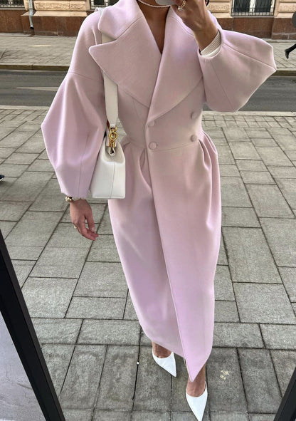 Women's Green Double-Breasted Long Coat for Fall and Winter Pink
