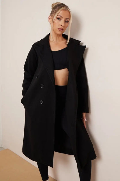 Women's Beige Double Breasted Long Coat for Fall and Winter