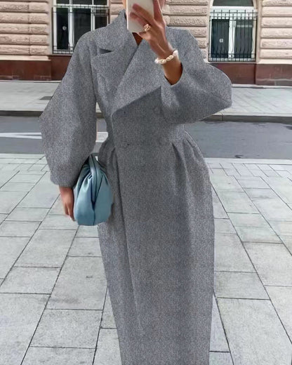 Women's Green Double-Breasted Long Coat for Fall and Winter Gray