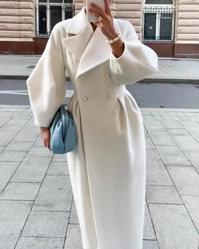 Women's Green Double-Breasted Long Coat for Fall and Winter White
