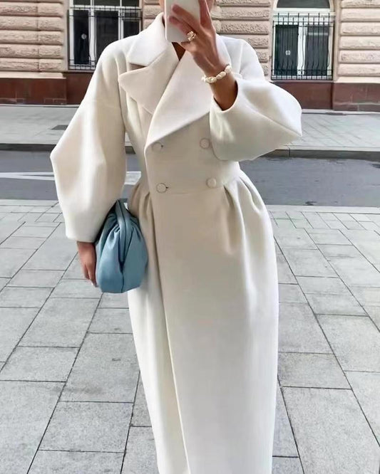 Women's Green Double-Breasted Long Coat for Fall and Winter White