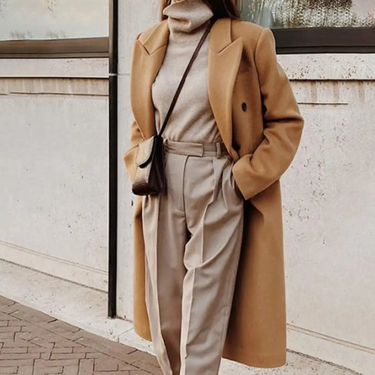 Women's Khaki Double-Breasted Long Coat for Fall and Winter Khaki