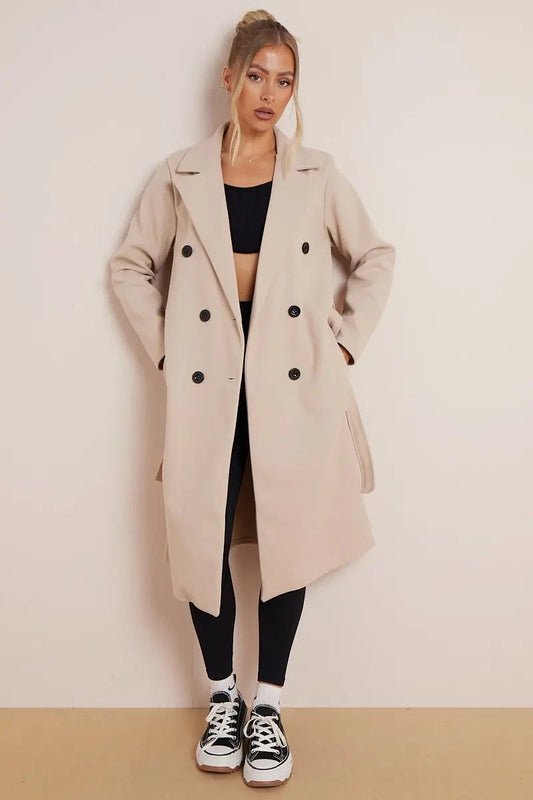 Women's Beige Double Breasted Long Coat for Fall and Winter Beige