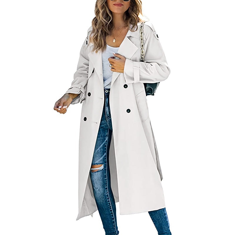 Women's Light Blue Double Breasted Long Coat for Fall and Winter White