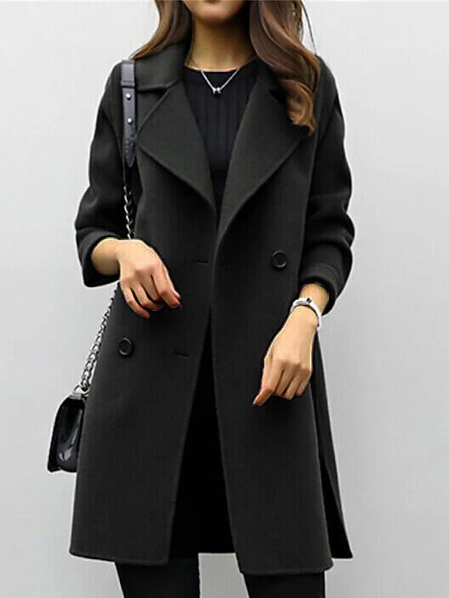 Women's Double Breasted Mid-Length Coat for Daily Use Warm Black