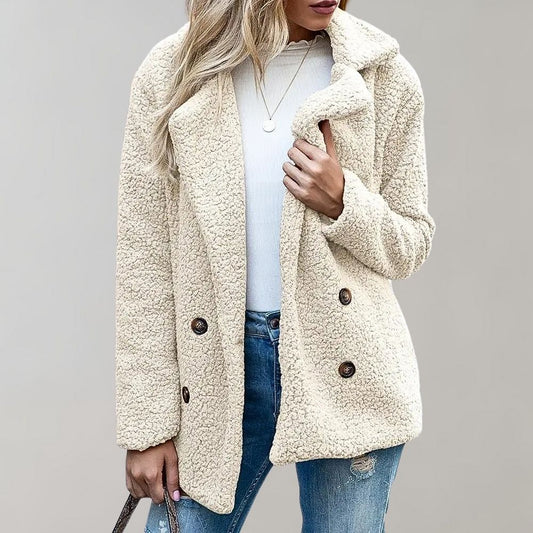 Women's Caramel Double-Breasted Relaxed Fit Jacket for Everyday Wear White