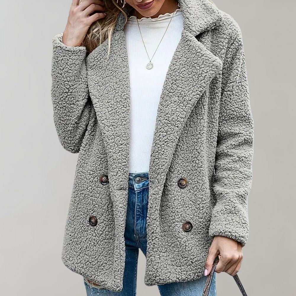 Women's Caramel Double-Breasted Relaxed Fit Jacket for Everyday Wear Light Grey