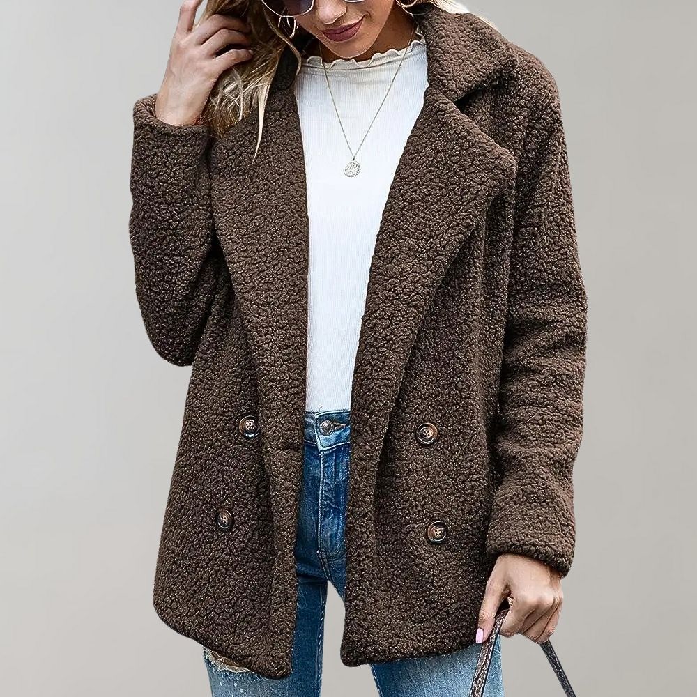 Women's Caramel Double-Breasted Relaxed Fit Jacket for Everyday Wear Coffee