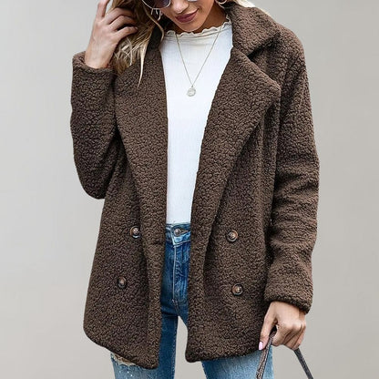 Women's Caramel Double-Breasted Relaxed Fit Jacket for Everyday Wear Coffee