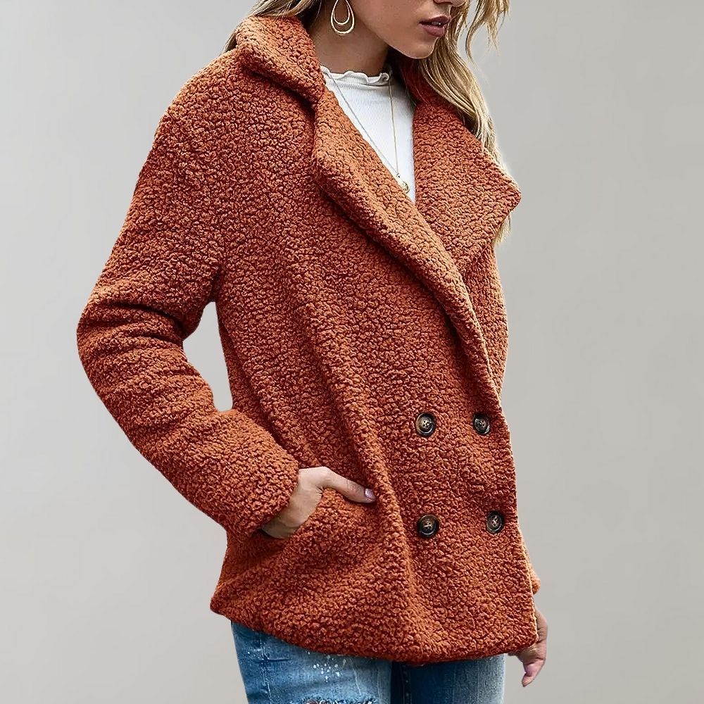 Women's Caramel Double-Breasted Relaxed Fit Jacket for Everyday Wear