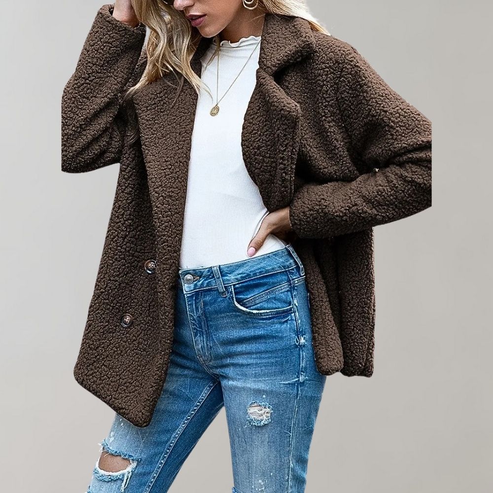 Women's Caramel Double-Breasted Relaxed Fit Jacket for Everyday Wear